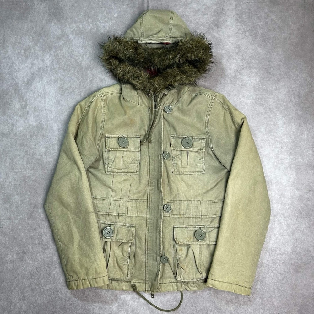 Women's Abercrombie Y2K Vintage Green  Military Jacket Parka Fur Trim Hood L